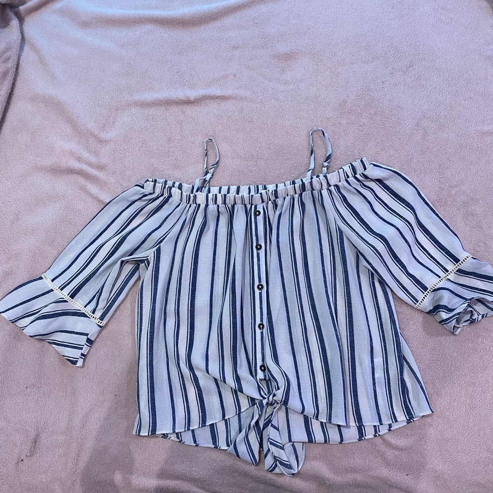 Blue and white striped size medium top. Off the shoulder loose fit.